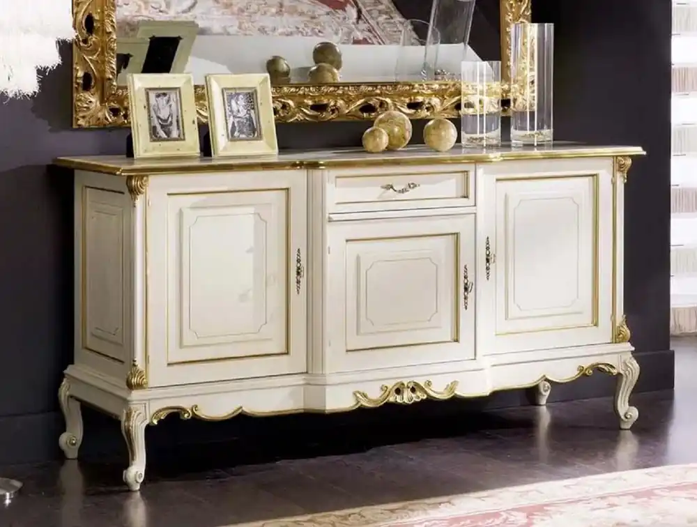 Casa Padrino Luxus Barock Sideboard Weiß / Gold - Handgefertigter Massivholz Schrank mit 3 Türen und Schublade - Luxus Möbel im Barockstil - Luxus Qualität - Made in Italy Neue Kollektion