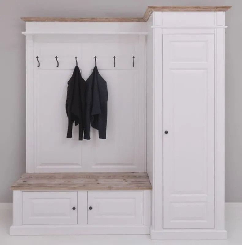 Markenware Casa Padrino Landhausstil Garderobenschrank Weiß / Naturfarben 205 x 65 x H. 210 cm - Massivholz Garderobe - Flur Schrank - Flurmöbel - Garderoben Möbel - Massivholz Möbel - Landhausstil Möbel