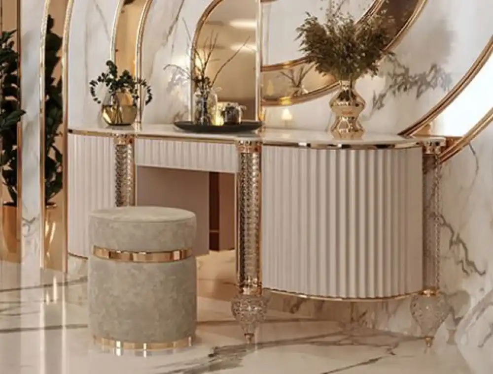 Casa Padrino Luxus Art Deco Schminkkommode Creme / Weiß / Gold 188 x 60 x H. 89 cm - Schminktisch mit Kunstmarmor Platte - Art Deco Schlafzimmer Möbel - Luxus Schlafzimmer Möbel Geprüft