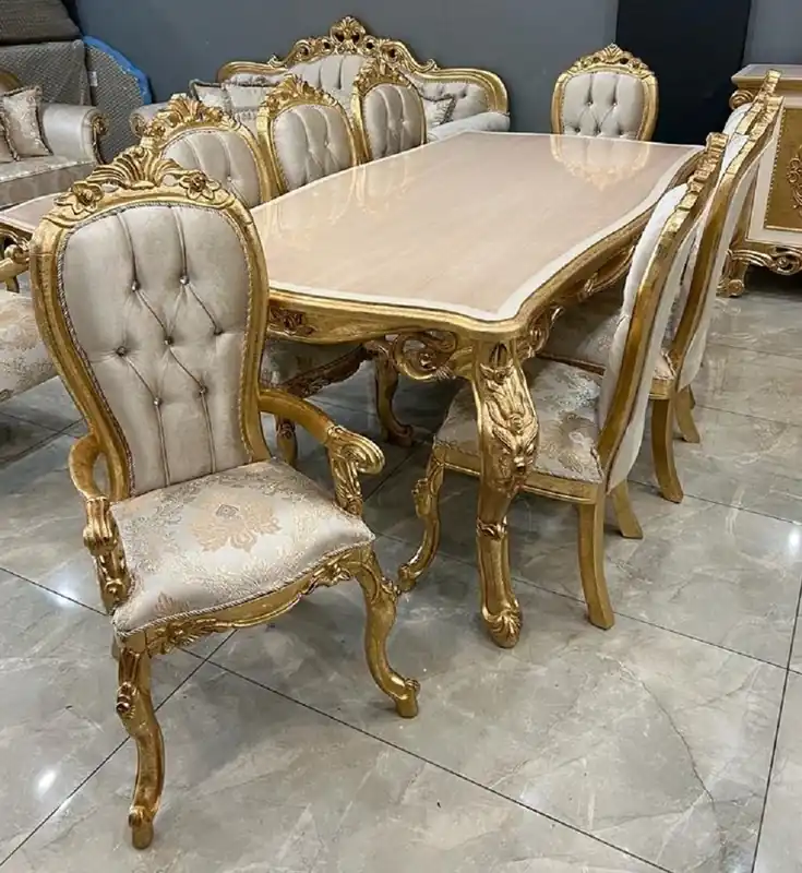 Casa Padrino Luxus Barock Esszimmer Set Beige / Weiß / Silber / Gold - 1 Barock Esstisch & 8 Barock Esszimmerstühle - Luxus Esszimmer Möbel im Barockstil - Prunkvolle Barock Esszimmer Möbel Super-Preis