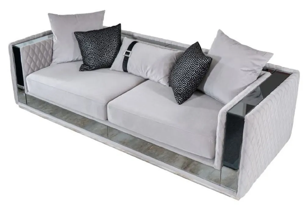 Casa Padrino Luxus 3er Sofa Hellgrau / Siber 220 x 90 x H. 70 cm - Verspiegeltes Wohnzimmer Sofa - Hotel Sofa - Wohnzimmer Möbel - Hotel Möbel - Luxus Möbel Preisknaller