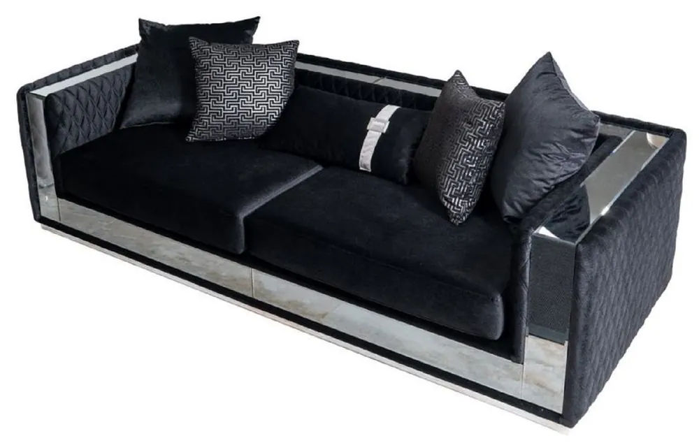 Casa Padrino Luxus 3er Sofa Schwarz / Siber 220 x 90 x H. 70 cm - Verspiegeltes Wohnzimmer Sofa - Hotel Sofa - Wohnzimmer Möbel - Hotel Möbel - Luxus Möbel Must-Have