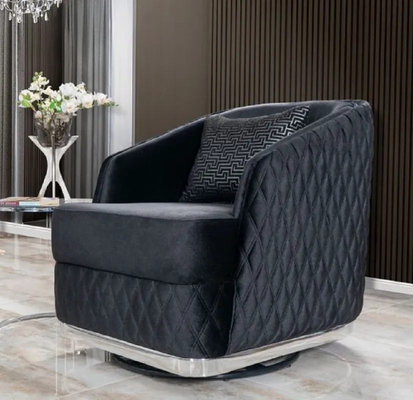 Casa Padrino Luxus Drehsessel Schwarz / Silber 85 x 80 x H. 75 cm - Wohnzimmer Sessel - Hotel Sessel - Wohnzimmer Möbel - Hotel Möbel - Luxus Möbel - Luxus Kollektion Super-Preis