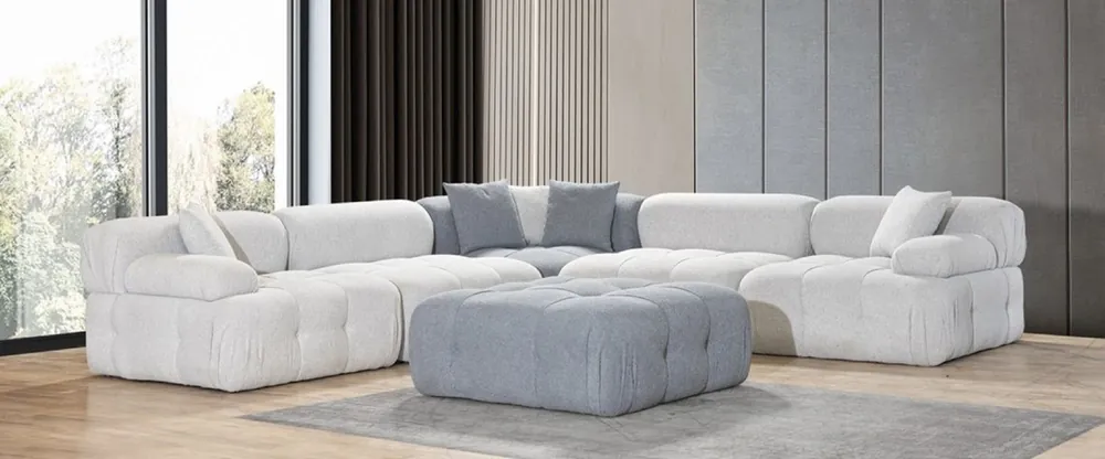 Casa Padrino Luxus Wohnzimmer Ecksofa mit Hocker Hellgrau / Grau 295 x 295 x H. 70 cm - Modulares 6 Teiliges Sofa - Hotel Sofa - Wohnzimmer Möbel - Hotel Möbel - Luxus Möbel Neu Im Sortiment