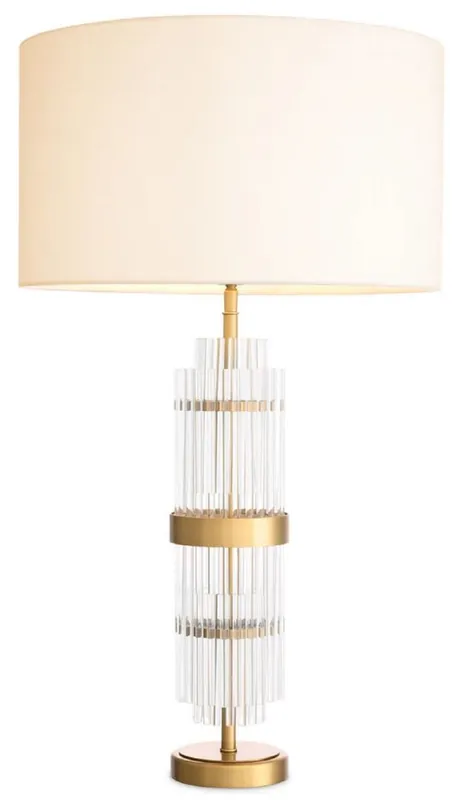 Casa Padrino Luxus Tischleuchte Antik Messing / Weiß Ø 45 x H. 78 cm - Schreibtischleuchte mit rundem Lampenschirm - Luxus Tischleuchten - Luxus Schreibtischleuchten Begrenztes Angebot
