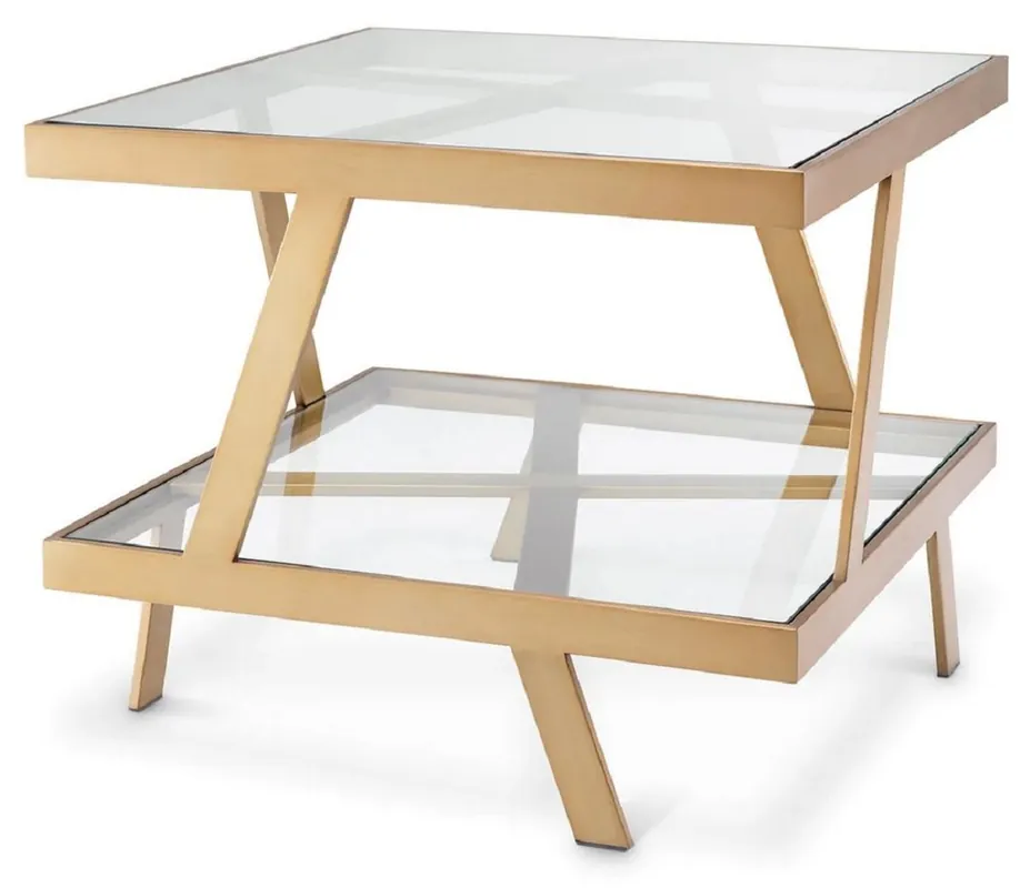 Ausverkauf Casa Padrino Luxus Beistelltisch Messing 60 x 60 x H. 50,5 cm - Quadratischer Edelstahl Tisch mit Glasplatten - Wohnzimmer Möbel - Luxus Möbel - Luxus Qualität