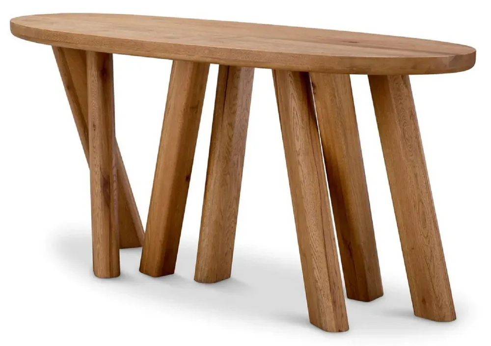 Ausverkauf Casa Padrino Luxus Konsole Braun 160 x 54,5 x H. 76,5 cm - Ovaler Konsolentisch mit massiver Eichenholz Tischplatte - Massivholz Möbel - Luxus Möbel - Luxus Qualität