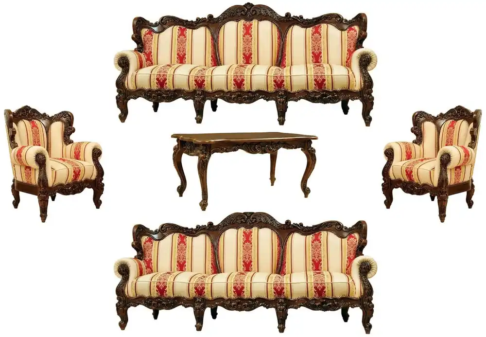 Casa Padrino Luxus Barock Wohnzimmer Set Creme / Gelb / Rot / Dunkelbraun - 2 Barock Sofas & 2 Barock Sessel & 1 Barock Couchtisch - Wohnzimmer Möbel im Barockstil - Edel & Prunkvoll Neu