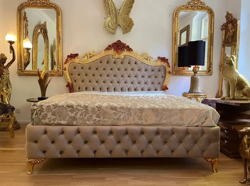 Casa Padrino Luxus Barock Doppelbett mit Matratze Grau / Gold / Braun - Prunkvolles Massivholz Bett - Luxus Schlafzimmer Möbel im Barockstil - Barock Möbel - Edel & Prunkvoll Sichere Zahlung