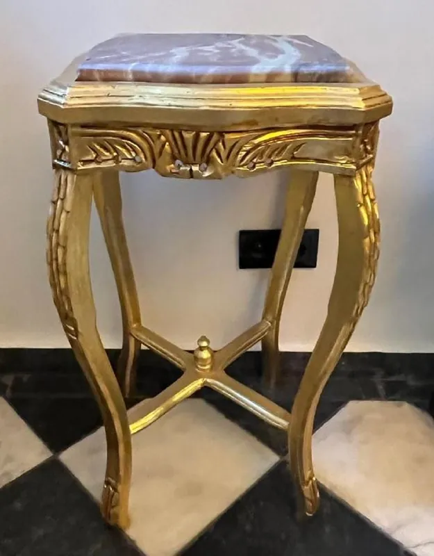Casa Padrino Barock Beistelltisch Gold / Grau - Quadratischer Antik Stil Tisch mit Marmorplatte - Barockstil Wohnzimmer Möbel im Barockstil - Barock Möbel Preisreduziert