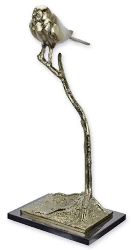 Casa Padrino Luxus Aluminium Deko Skulptur Vogel auf Ast Silber / Schwarz 25,8 x 25,5 x H. 54,8 cm - Aluminium Deko Figur mit Marmorsockel - Wohnzimmer Deko - Schreibtisch Deko Schneller Versand
