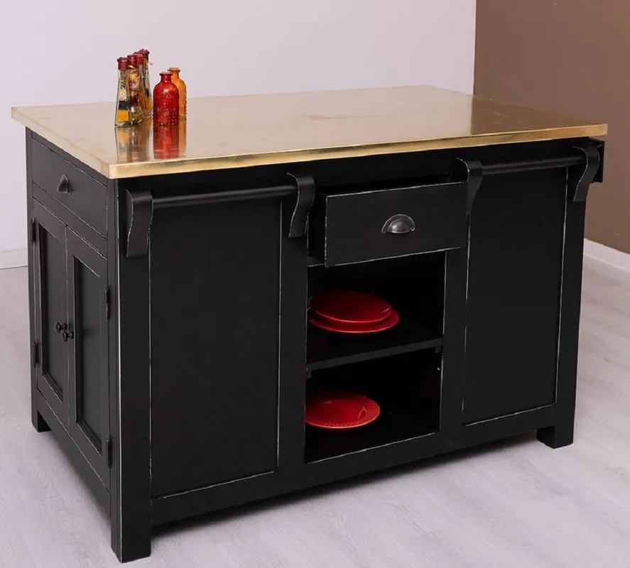 Neu Casa Padrino Landhausstil Shabby Chic Kücheninsel mit verzinkter Tischplatte Antik Schwarz / Gold 135 x 85 x H. 90 cm - Massivholz Esszimmerschrank - Esszimmer Möbel im Landhausstil