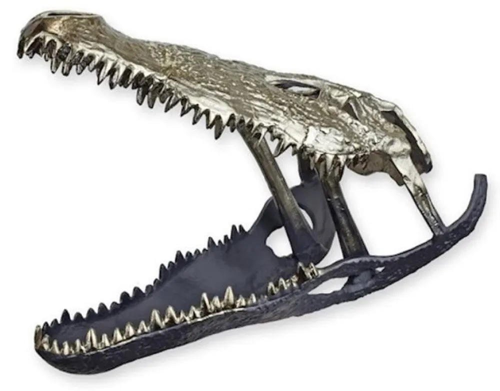 Casa Padrino Luxus Aluminium Deko Skulptur Krokodil Schädel Silber / Schwarz 54,5 x 27 x H. 38,4 cm - Aluminium Deko Figur - Wohnzimmer Deko - Schreibtisch Deko Preis Gesenkt