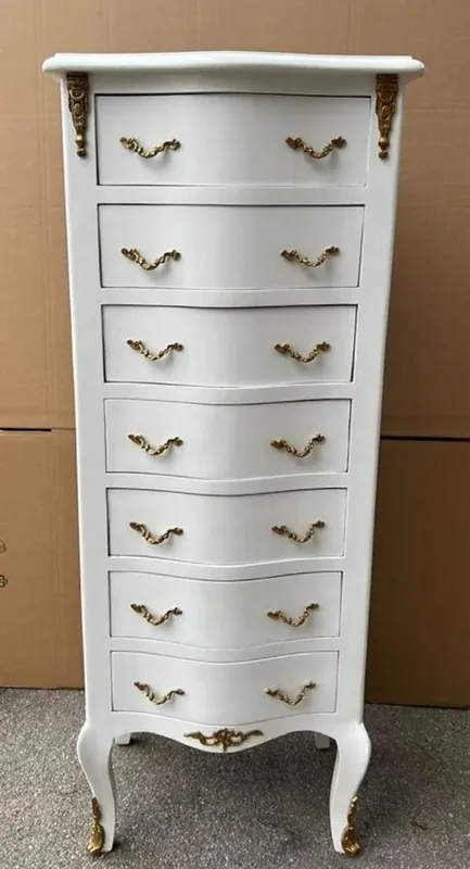 Preis Gesenkt Casa Padrino Barock Kommode mit 7 Schubladen Weiß / Messing - Handgefertigter Massivholz Schrank im Barockstil - Wohnzimmer Möbel im Barockstil - Barock Möbel - Barock Einrichtung