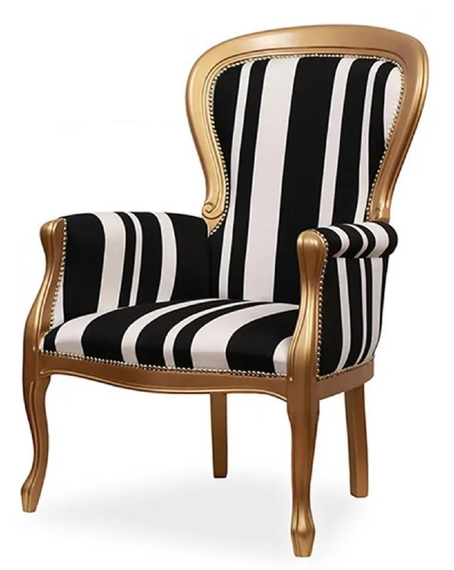 Schneller Versand Casa Padrino Luxus Barock Sessel mit Streifen Schwarz / Weiß / Gold - Gestreifter Wohnzimmer Sessel im Barockstil - Barock Wohnzimmer Möbel - Edel & Prunkvoll