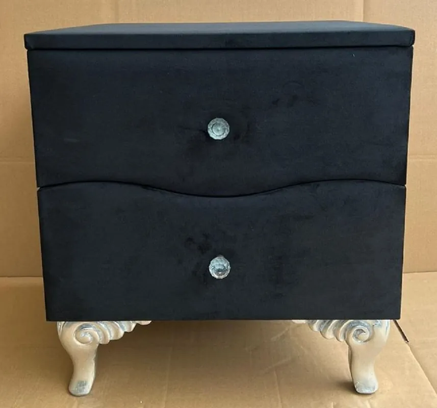 Casa Padrino Barock Nachtkommode mit 2 Schubladen Schwarz / Silber - Barockstil Nachttisch - Barock Möbel - Schlafzimmer Möbel im Barockstil - Edel & Prunkvoll Markenware
