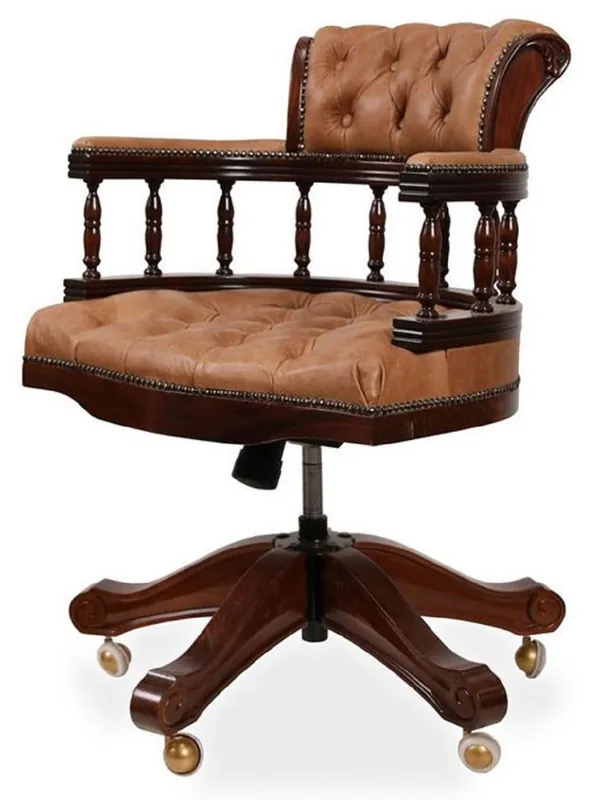 Casa Padrino Luxus Barock Chesterfield Leder Schreibtischstuhl Hellbraun / Dunkelbraun - Höhenverstellbarer Echtleder Bürostuhl - Büro Möbel - Edel & Prunkvoll Neu Im Sortiment