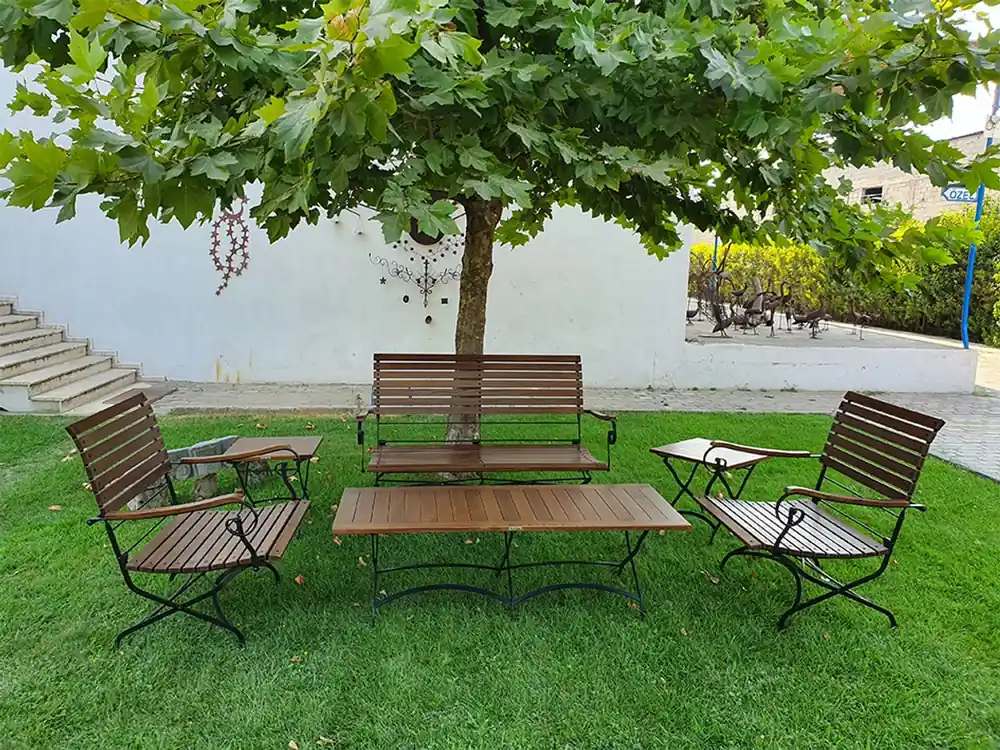 Casa Padrino Jugendstil Garten Möbel Set Dunkelbraun / Schwarz - 1 Couchtisch 1 Sitzbank 2 Stühle 2 Beistelltische - Barock & Jugendstil Gastronomie & Garten Möbel Garantierte Lieferung