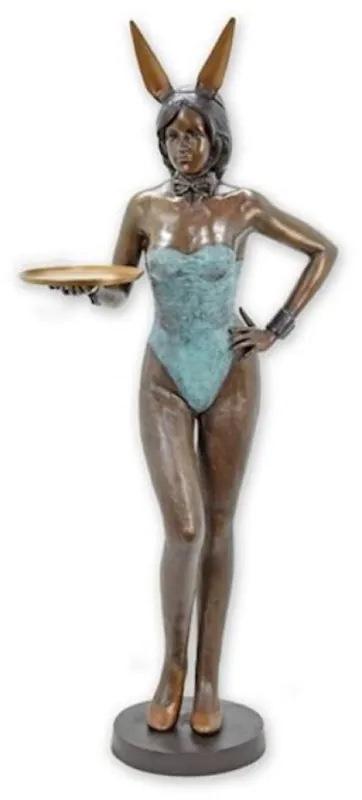 Abverkauf Casa Padrino Luxus XXL Bronze Deko Skulptur Frau mit Tablett Antik Bronze / Antik Türkis / Schwarz / Gold 82 x H. 178 cm - Lebensgroße XXL Bronze Deko Figur - XXL Wohnzimmer Deko - XXL Büro Deko