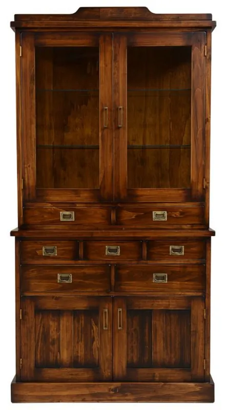 Wochenendangebot Casa Padrino Luxus Vintage Stil Vitrine Braun / Messing 102,5 x 46 x H. 198 cm - Massivholz Vitrinenschrank mit 4 Türen und 7 Schubladen - Massivholz Möbel - Vintage Stil Möbel - Luxus Möbel