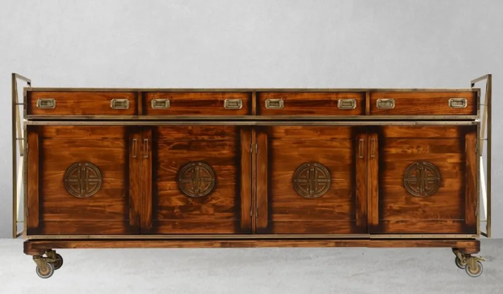 Direkt Vom Hersteller Casa Padrino Luxus Vintage Stil Sideboard mit 4 Schubladen und 4 Türen Braun / Messing 262 x 45,5 x H. 112 cm - Vintage Stil Schrank - Massivholz Möbel - Vintage Stil Möbel - Luxus Möbel