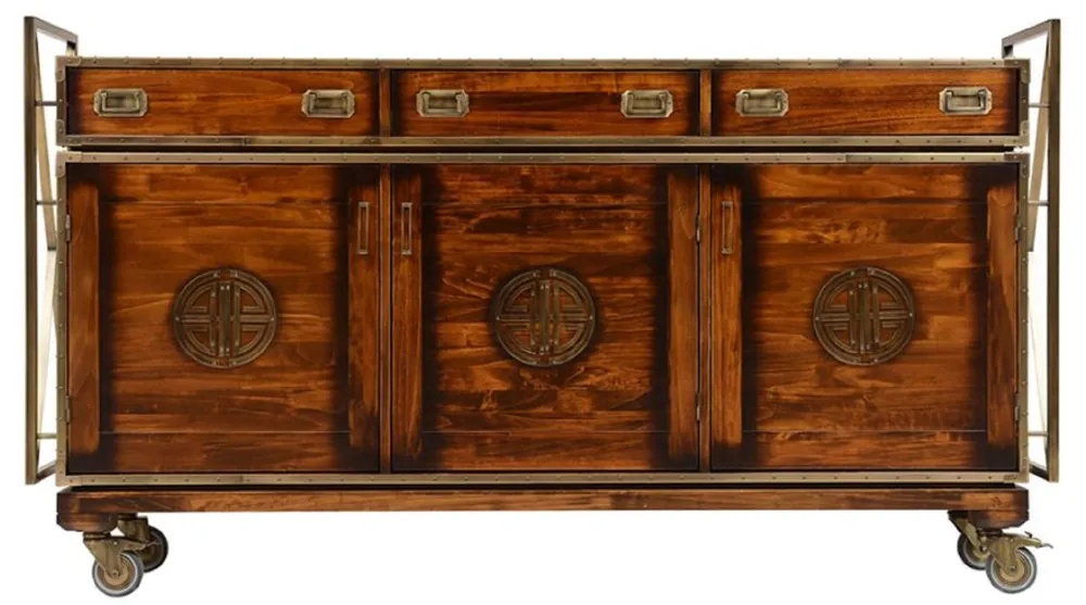 Zertifiziert Casa Padrino Luxus Vintage Stil Sideboard mit 3 Schubladen und 3 Türen Braun / Messing 200 x 45 x H. 112,5 cm - Vintage Stil Schrank - Massivholz Möbel - Vintage Stil Möbel - Luxus Möbel
