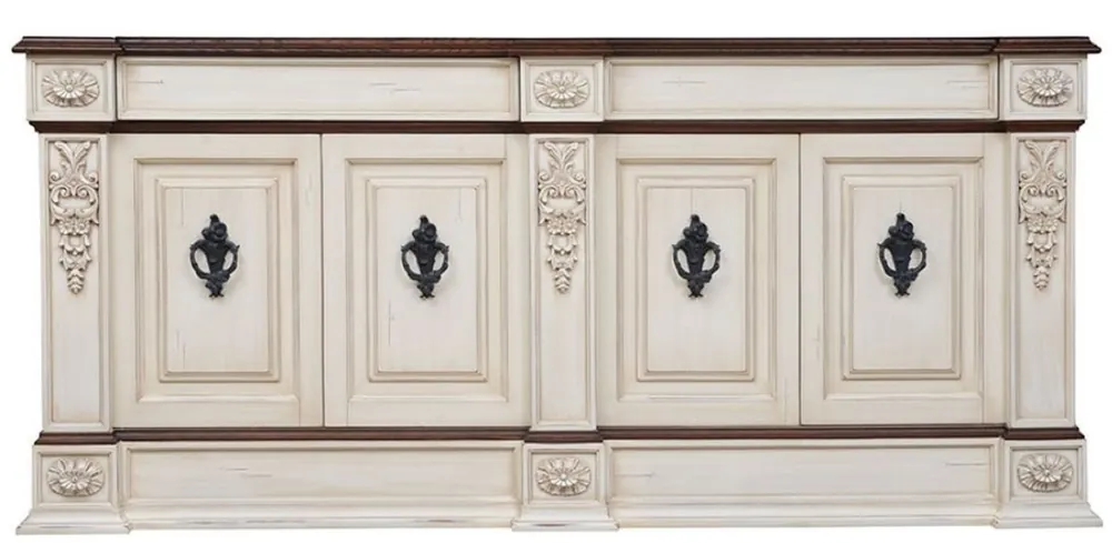 Casa Padrino Luxus Vintage Stil Sideboard mit 4 Türen Antik Creme / Dunkelbraun / Schwarz 242,5 x 52 x H. 112 cm - Vintage Stil Schrank - Massivholz Möbel - Vintage Stil Möbel - Luxus Möbel Schnäppchen