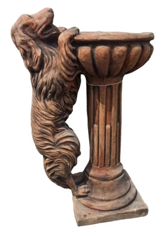 Casa Padrino Barock Vogeltränke mit dekorativer Hunde Skulptur Antik Braun H. 100 cm - Garten Deko Stein Vogelbad - Garten & Terrassen Deko Accessoires im Barockstil Nur Heute