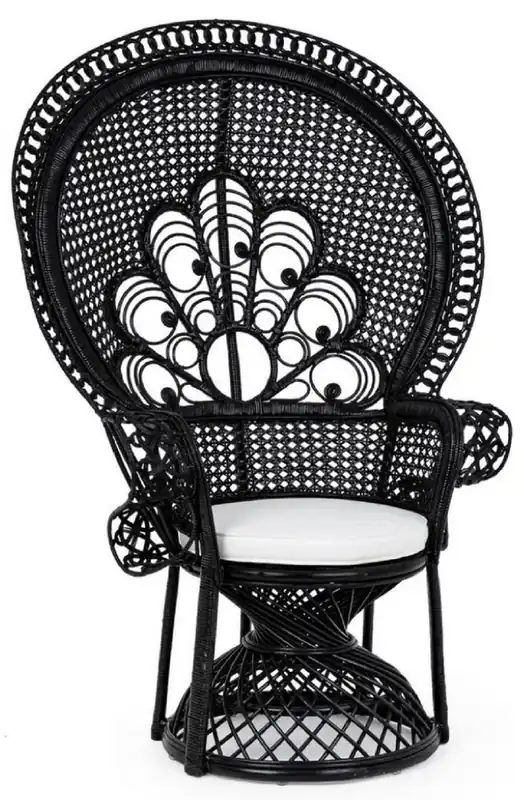 Casa Padrino Luxus Rattan Sessel Schwarz / Weiß 106 x 71 x H. 148 cm - Vintage Stil Rattan Sessel mit Sitzkissen - Vintage Stil Rattan Möbel - Garten & Terrassen Möbel Neue Kollektion