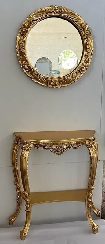 Casa Padrino Luxus Barock Spiegelkonsole - Prunkvolle Barockstil Massivholz Konsole mit rundem Wandspiegel - Garderoben Spiegel im Barockstil - Barock Möbel - Luxus Qualität - Made in Italy Sonderaktion