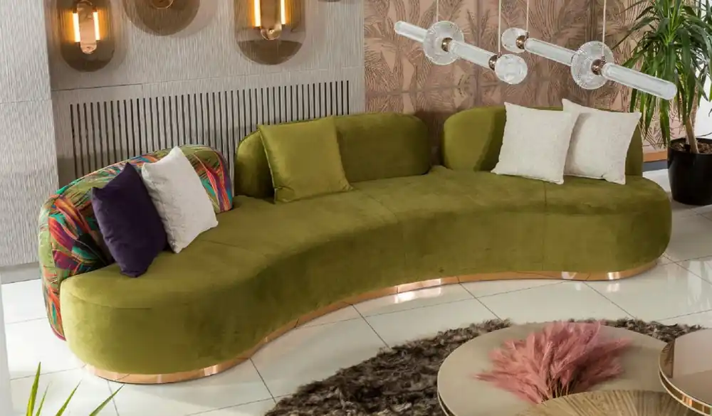 Casa Padrino Luxus Sofa Grün / Mehrfarbig / Kupfer 330 x 110 x H. 70 cm - Gebogenes Wohnzimmer Sofa - Hotel Sofa - Wohnzimmer Möbel - Hotel Möbel - Luxus Möbel - Luxus Einrichtung Ausverkauf