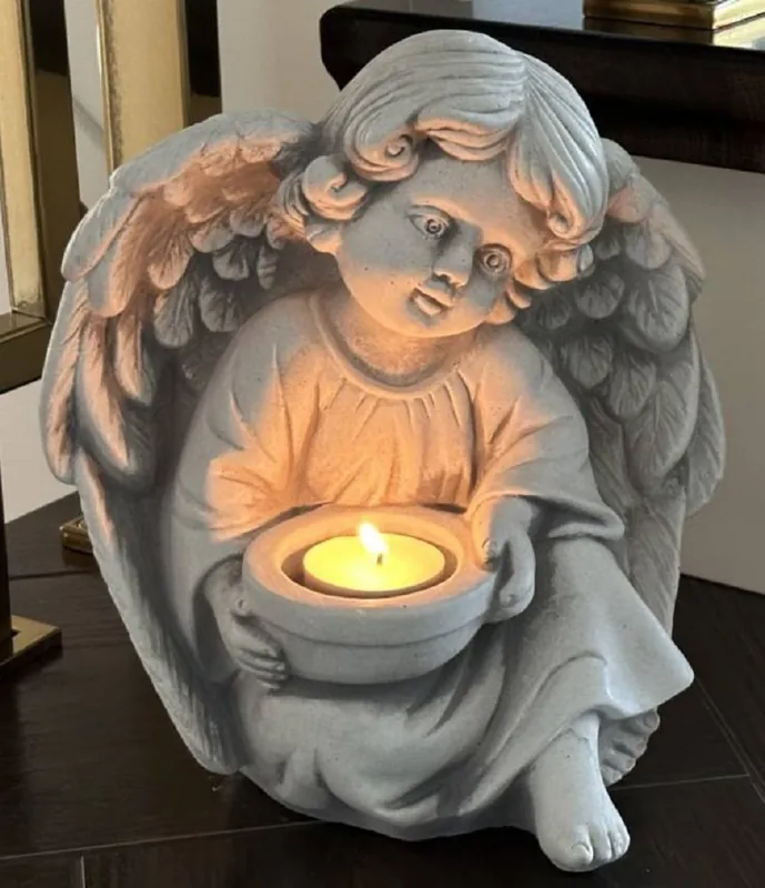 Begrenztes Angebot Casa Padrino Jugendstil Deko Skulptur Engel mit Teelichthalter Grau 14 x 8 x H. 22 cm - Elegante Deko Stein Figur - Wohnzimmer Deko - Garten Deko - Barock & Jugendstil Deko Accessoires