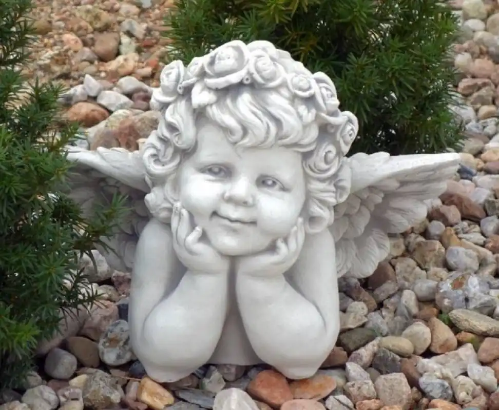 Casa Padrino Jugendstil Garten Deko Skulptur Engel Grau 40 x 22 x H. 31 cm - Elegante Garten Deko Stein Figur - Barock & Jugendstil Garten Deko Accessoires - Garten Deko Skulpturen Schnäppchen