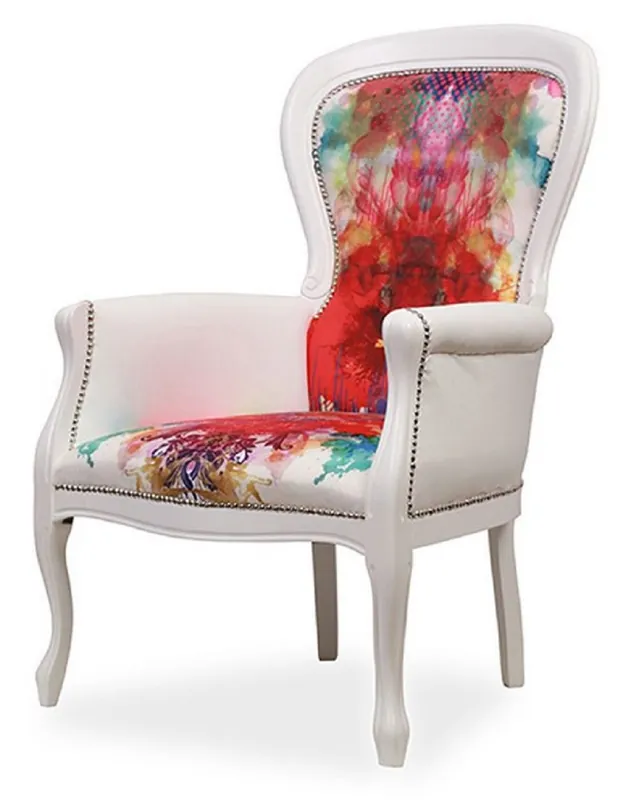 Rabatt Casa Padrino Luxus Barock Kunstleder Sessel Mehrfarbig / Weiß - Luxus Wohnzimmer Sessel im Barockstil - Luxus Wohnzimmer Möbel im Barockstil - Barock Möbel - Edel & Prunkvoll