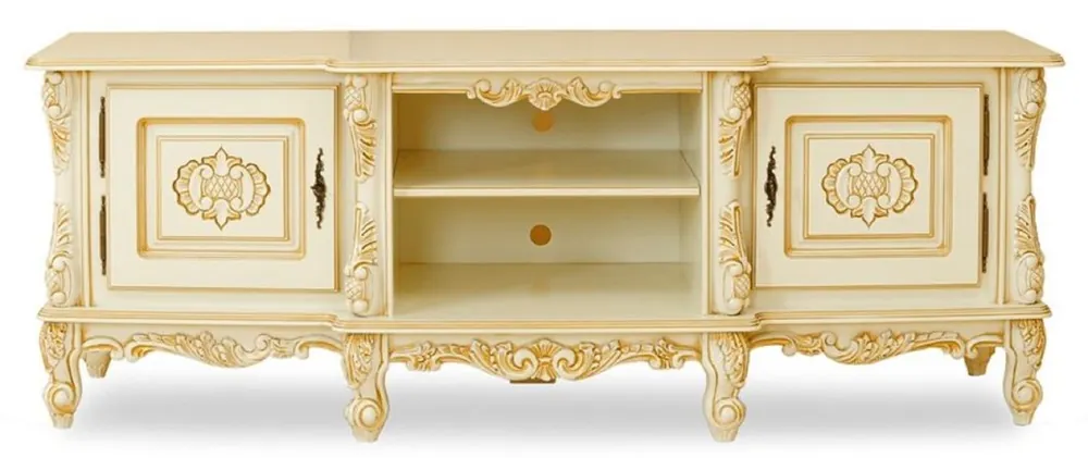 Expressversand Casa Padrino Luxus Barock TV Schrank Creme / Beige - Handgefertigtes Massivholz Sideboard mit 2 Türen - Luxus Wohnzimmer Möbel im Barockstil - Barock Möbel - Edel & Prunkvoll