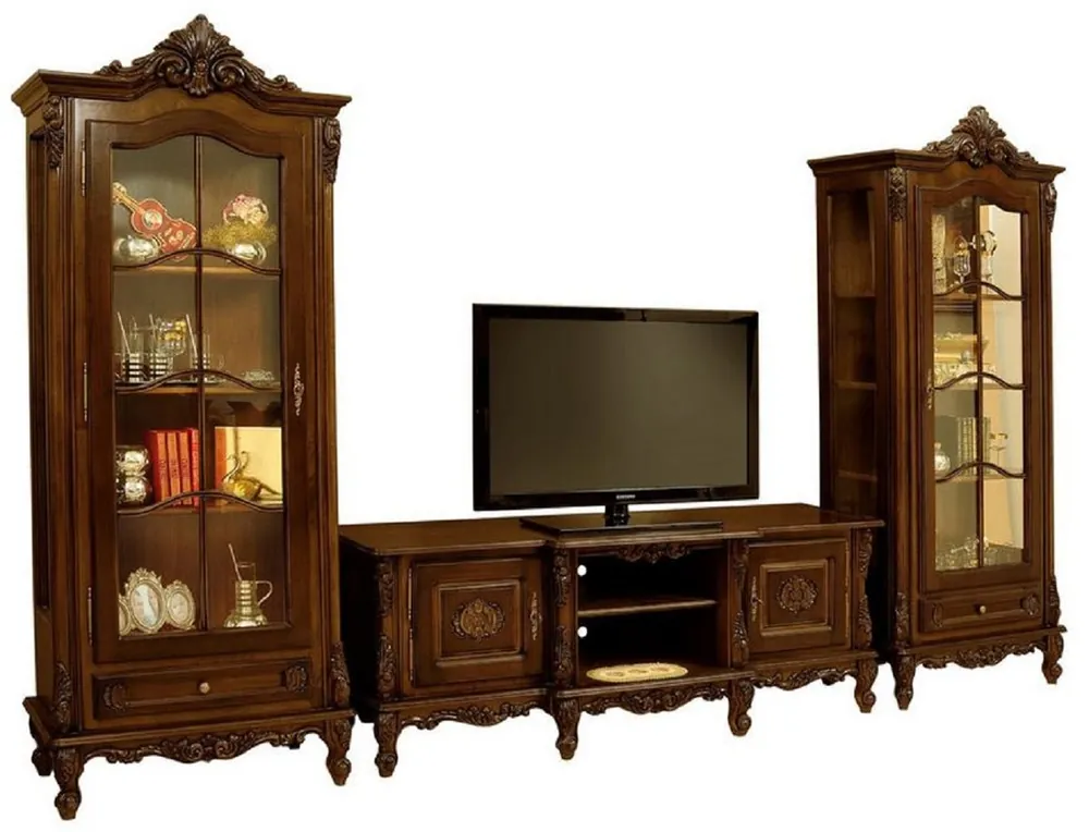 Casa Padrino Luxus Barock Wohnzimmer Set Dunkelbraun - 1 Barock TV Schrank & 2 Barock Vitrinen - Luxus Wohnzimmer Möbel im Barockstil - Barock Möbel - Edel & Prunkvoll Finale Aktion