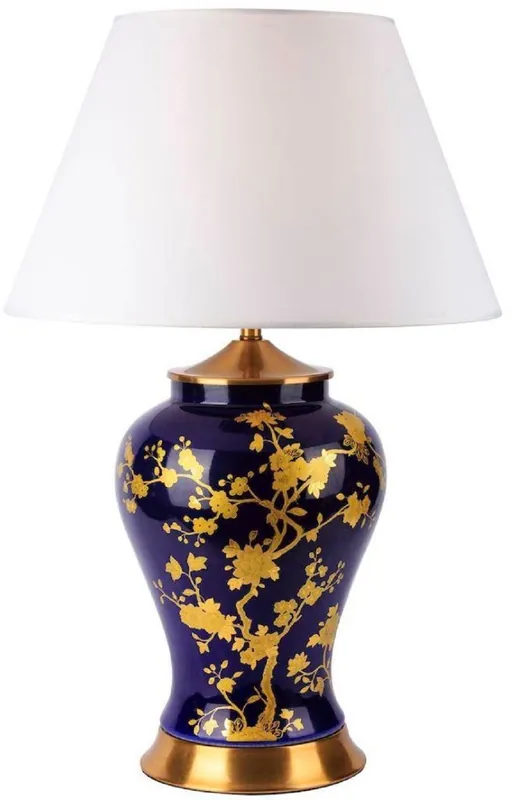 Markenprodukt Casa Padrino Luxus Keramik Tischleuchte Blau / Gold / Weiß Ø 42 x H. 72 cm - Runde Keramik Schreibtischleuchte mit Lampenschirm - Luxus Keramik Leuchten