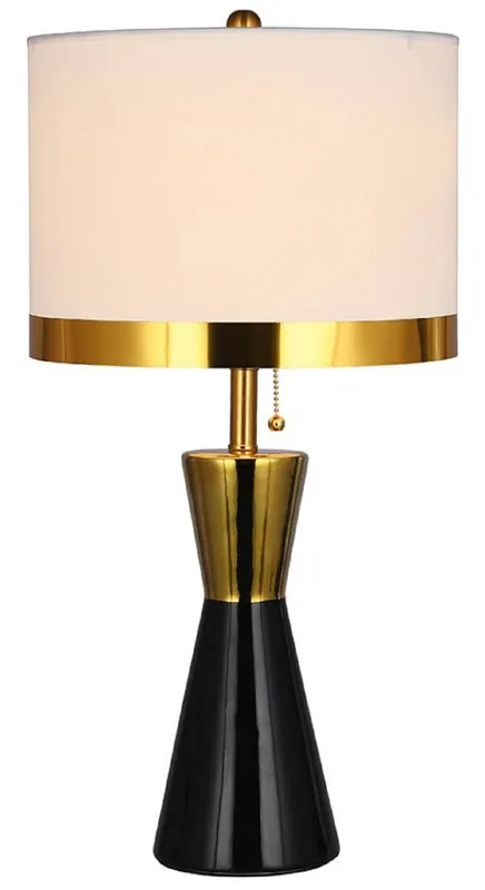 Casa Padrino Luxus Keramik Tischleuchte Schwarz / Gold / Weiß Ø 30 x H. 60 cm - Runde Keramik Schreibtischleuchte mit Lampenschirm - Luxus Keramik Leuchten Günstig