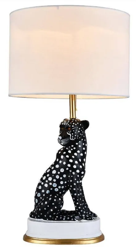 Casa Padrino Luxus Keramik Tischleuchte Puma Katze Schwarz / Weiß / Gold Ø 38 x H. 72 cm - Keramik Schreibtischleuchte mit rundem Lampenschirm - Luxus Keramik Leuchten Versand Am Gleichen Tag
