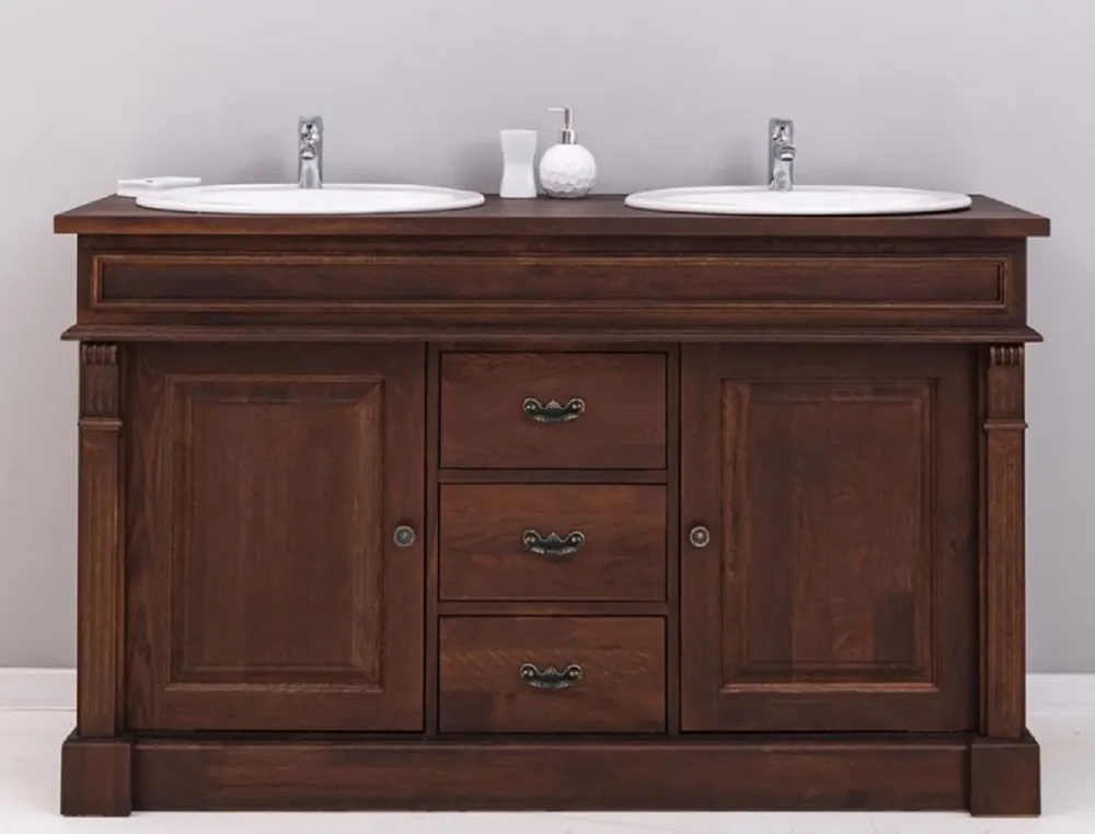 Neue Kollektion Casa Padrino Landhausstil Doppel Waschbeckenschrank mit 2 Keramik Waschbecken Dunkelbraun / Weiß 150 x 51 x H. 91 cm - Massivholz Badezimmer Möbel im Landhausstil - Landhausstil Möbel