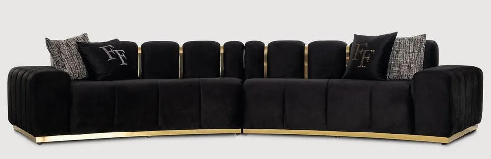 Casa Padrino Luxus 5er Sofa Schwarz / Gold 420 x 100 x H. 80 cm - Gebogenes Wohnzimmer Sofa - Hotel Sofa - Wohnzimmer Möbel - Hotel Möbel - Luxus Möbel - Luxus Einrichtung Jetzt Kaufen
