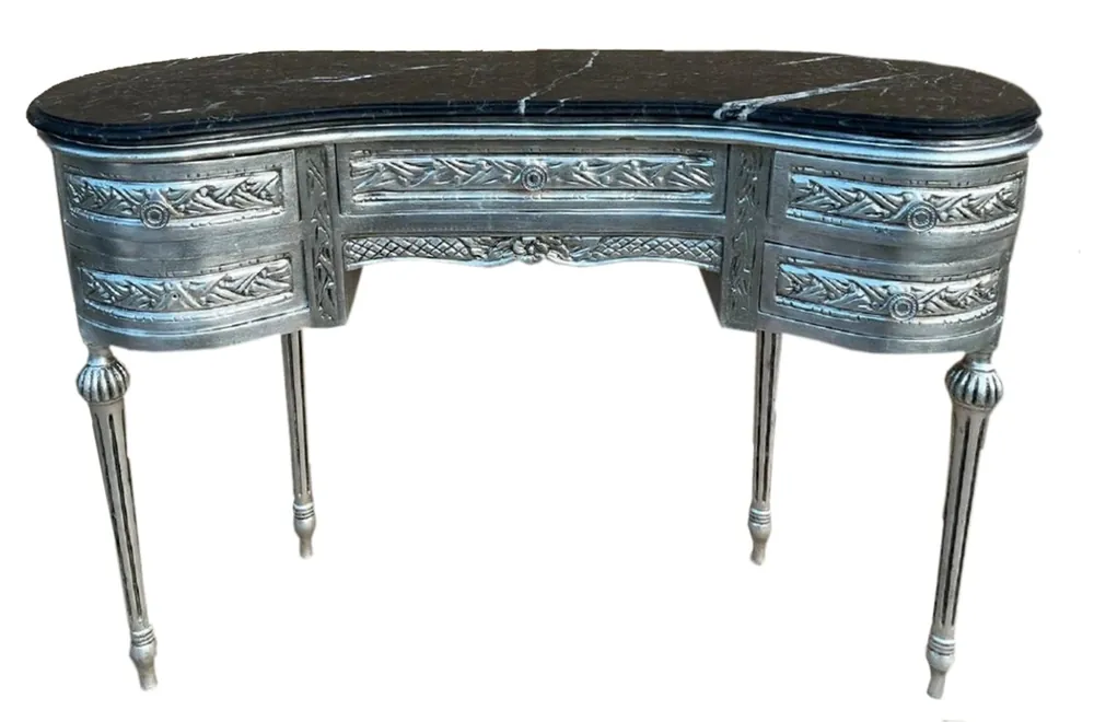 Echt Casa Padrino Barock Sekretär mit Marmorplatte und 5 Schubladen Silber / Schwarz - Handgefertigter Massivholz Schreibtisch im Barockstil - Barock Büro Möbel