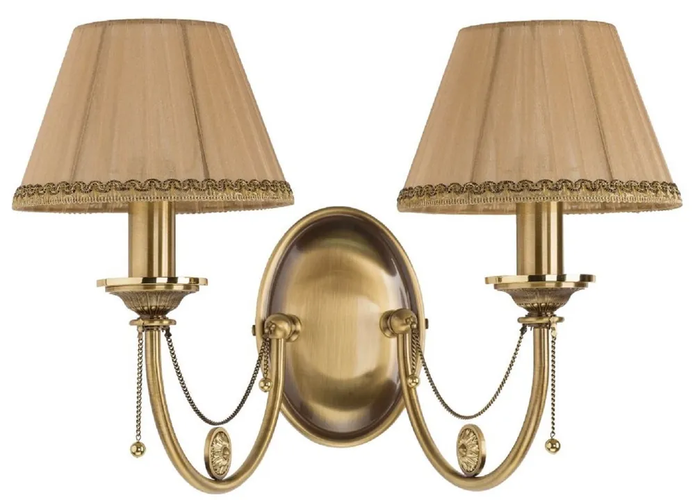 Rabatt Casa Padrino Luxus Barock Doppel Wandleuchte Messing mit Patina / Beige / Gold 42 x 29 x H. 30 cm - Barockstil Messing Wandlampe mit Lampenschirmen - Barock Leuchten - Edel & Prunkvoll