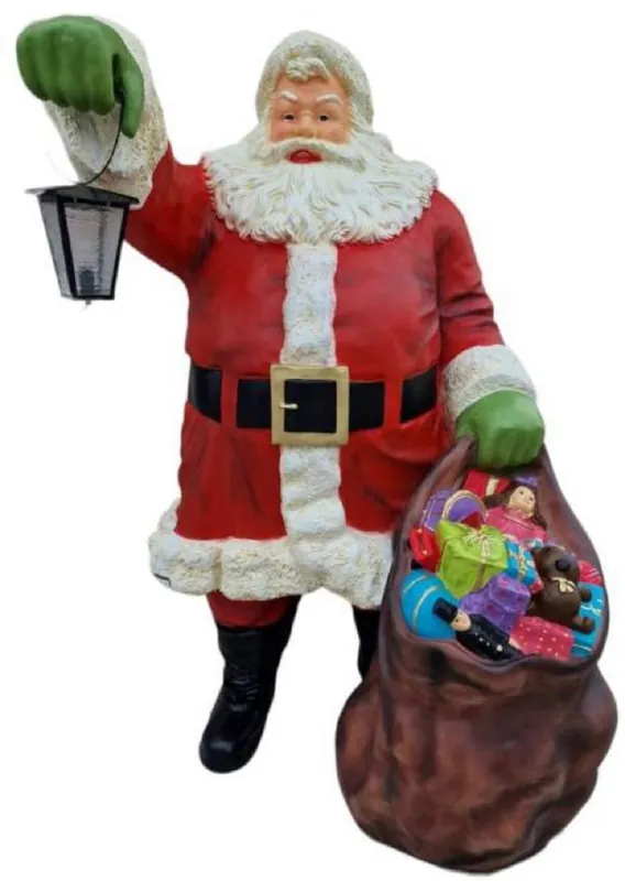 Casa Padrino Luxus XXL Deko Skulptur Weihnachtsmann mit Laterne und Beutel Rot / Mehrfarbig 125 x H. 190 cm - Lebengroße XXL Weihnachtsmann Deko Figur - XXL Weihnachts Dekoration Top-Seller
