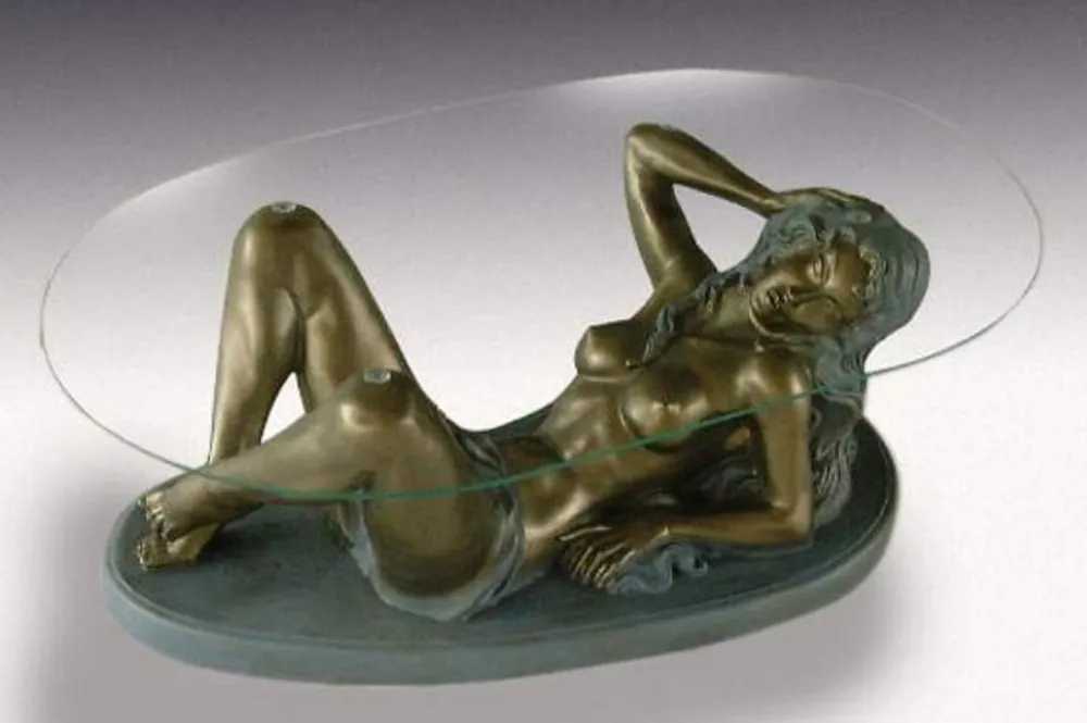 Casa Padrino Jugendstil Couchtisch Frau Antik Messing / Grau H. 45 cm - Eleganter Wohnzimmertisch mit ovaler Glasplatte - Barock & Jugendstil Möbel Direktkauf