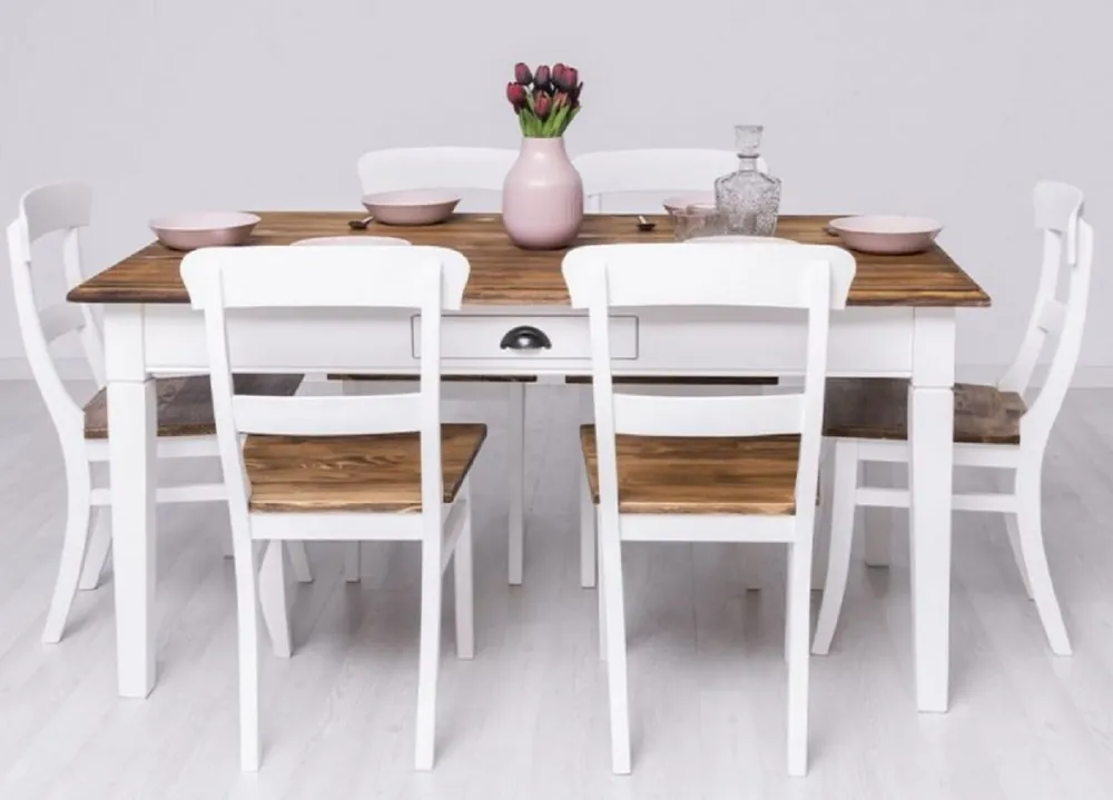 Sonderaktion Casa Padrino Landhausstil Esszimmer Möbel Set Weiß / Braun - 1 Landhausstil Esstisch & 6 Landhausstil Esszimmerstühle - Massivholz Esszimmer Möbel - Landhausstil Esszimmer Möbel