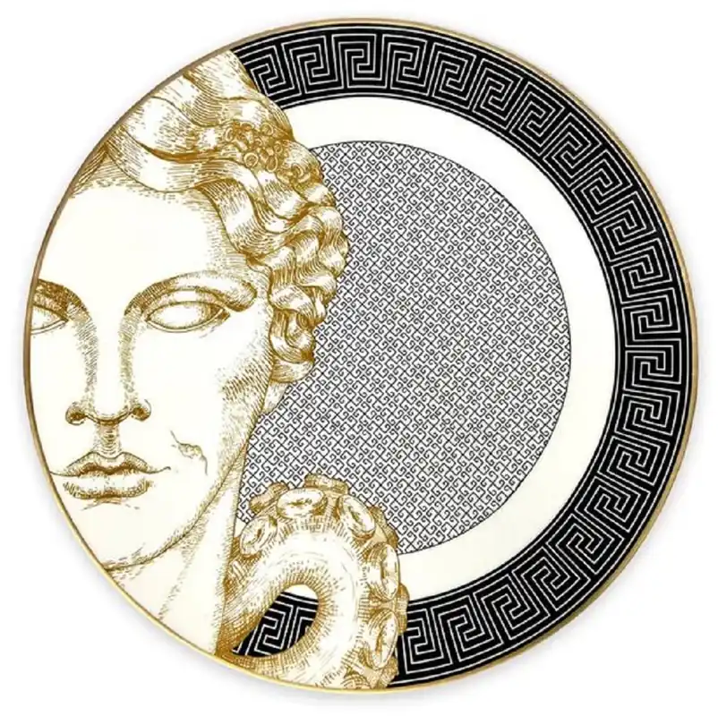 Casa Padrino Luxus Porzellan Teller Weiß / Schwarz / Gold Ø 29 cm - Handbemalter Porzellan Essteller - Porzellan Deko Accessoires - Luxus Qualität - Made in Italy Finale Aktion