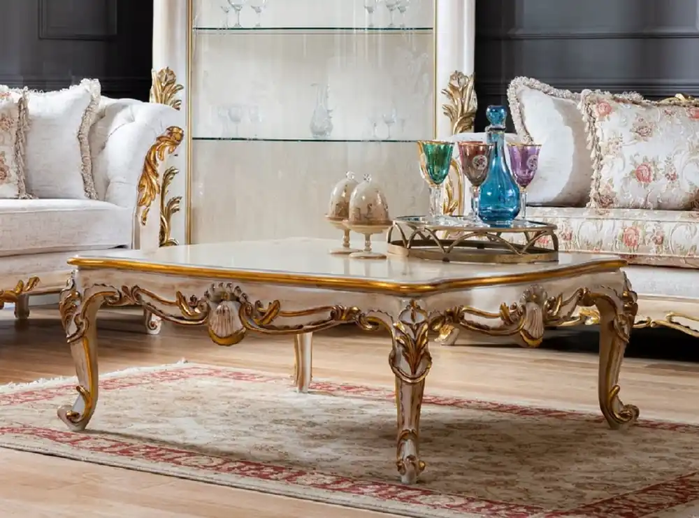 Pompöös by Casa Padrino Luxus Barock Couchtisch Provence Beige / Weiß / Gold - Pompööser Barockstil Wohnzimmertisch designed by Harald Glööckler Must-Have