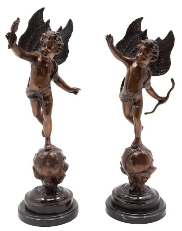 Casa Padrino Luxus Jugendstil Bronze Deko Skulpturen Set Engel 15 x 14 x H. 46 cm - Bronze Deko Figuren mit Marmorsockel - Schreibtisch Deko - Barock & Jugendstil Deko Accessoires Neue Ware