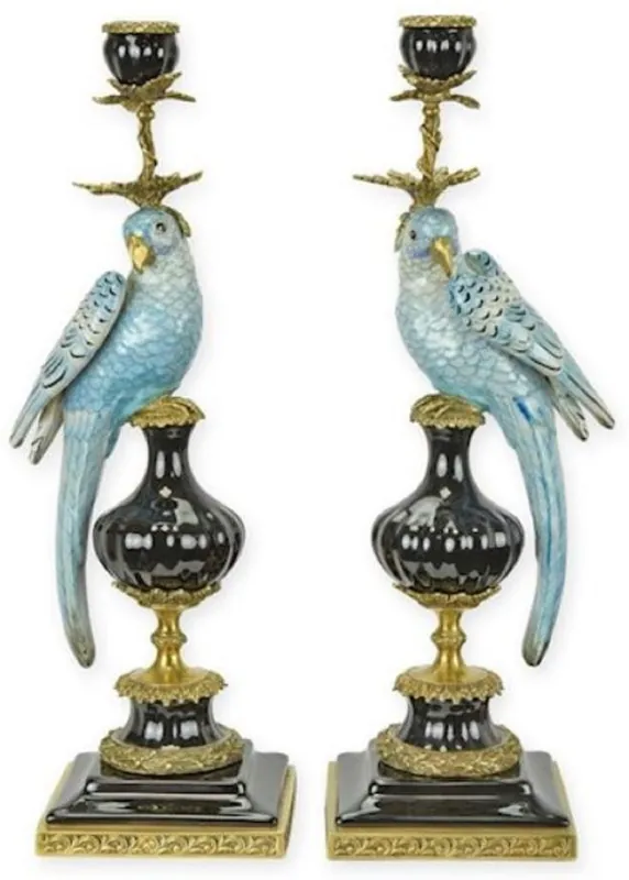 Casa Padrino Jugendstil Kerzenhalter Set Papageien Blau / Schwarz / Messing 16,1 x 12,8 x H. 48 cm - Porzellan Kerzenständer - Hotel & Restaurant Accessoires - Barock & Jugendstil Deko Accessoires Online Kaufen